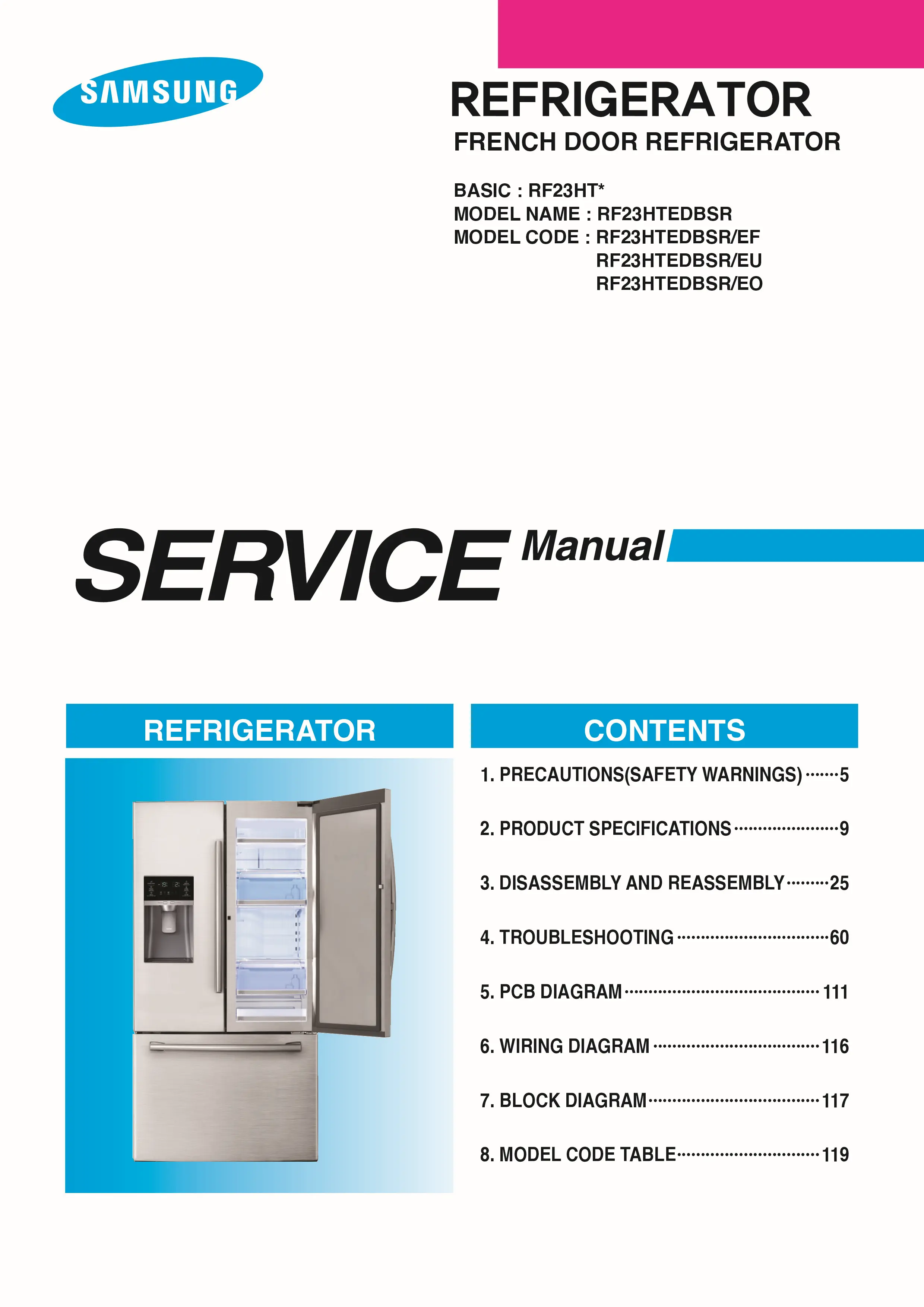 Samsung rf23htedbsr service manual cover with model code and showing a line drawing of the refrigerator