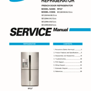 Samsung rf23j9011sg rf23j9011sr rf23j9018sr service manual cover with model code and showing a line drawing of the refrigerator