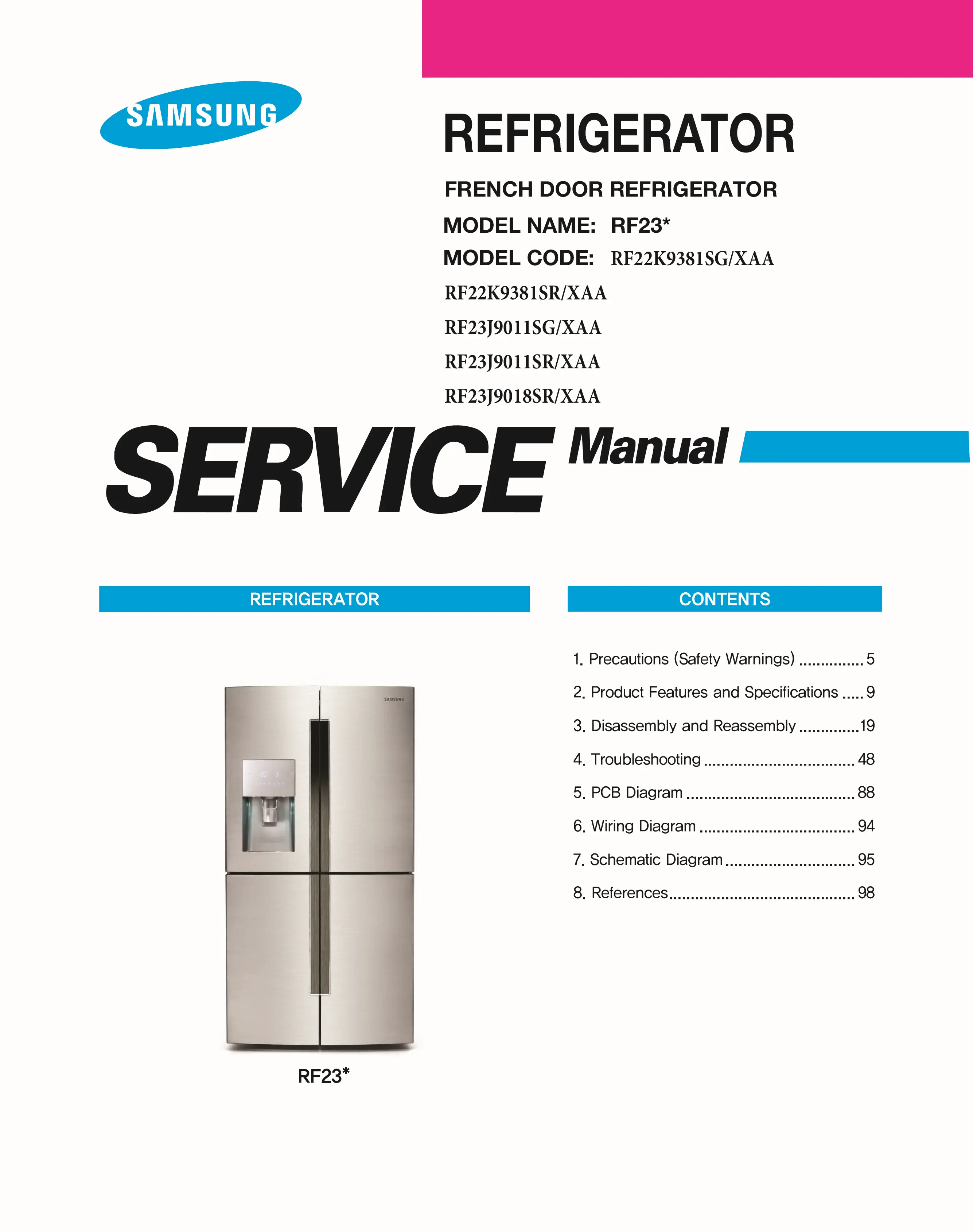 Samsung rf23j9011sg rf23j9011sr rf23j9018sr service manual cover with model code and showing a line drawing of the refrigerator