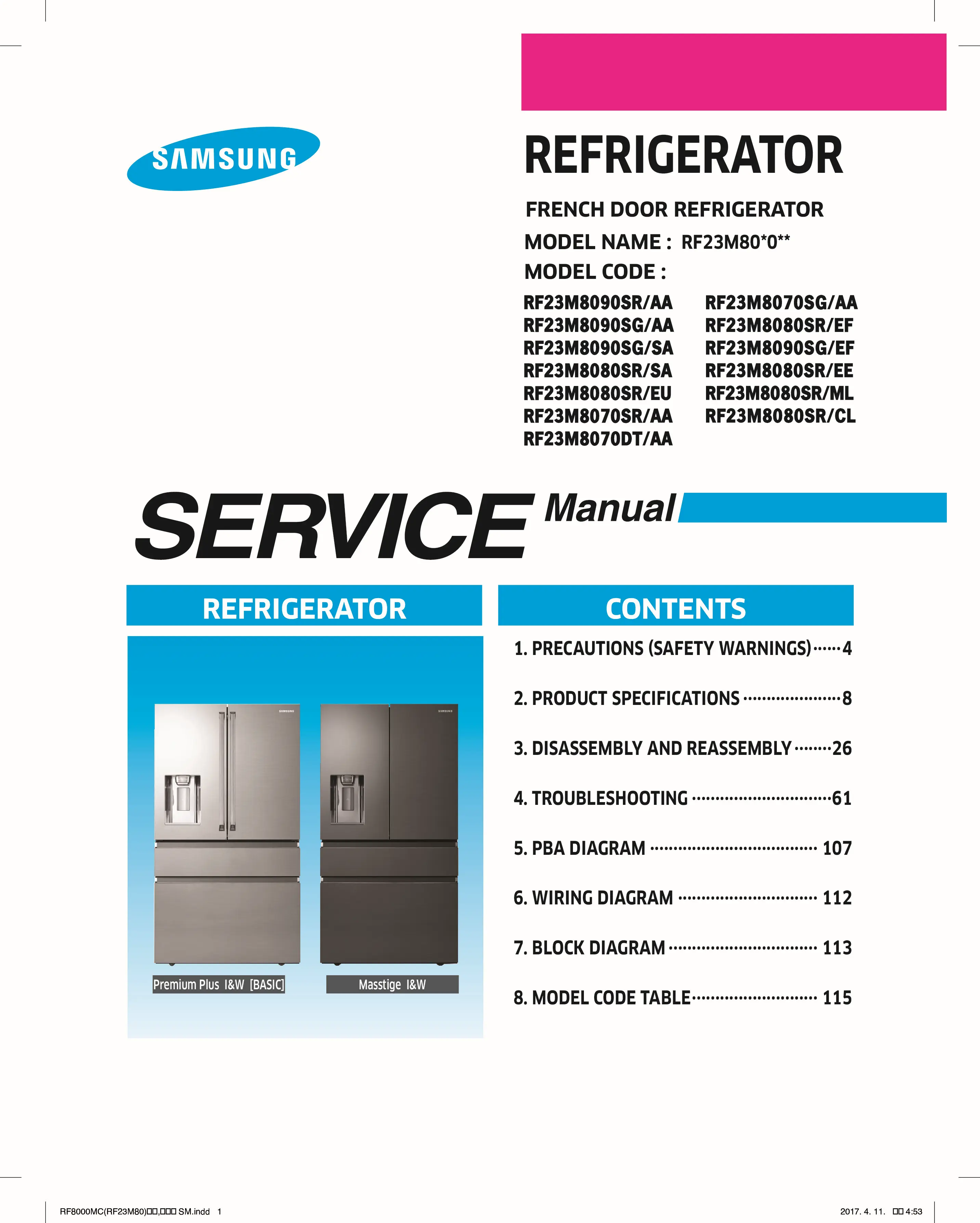 Samsung rf23m8070dt service manual cover with model code and showing a line drawing of the refrigerator