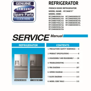 Samsung rf23m8090sr rf23m8090sg rf23m8070sr rf23m8070sg rf23m8080sr service manual cover with model code and showing a line drawing of the refrigerator