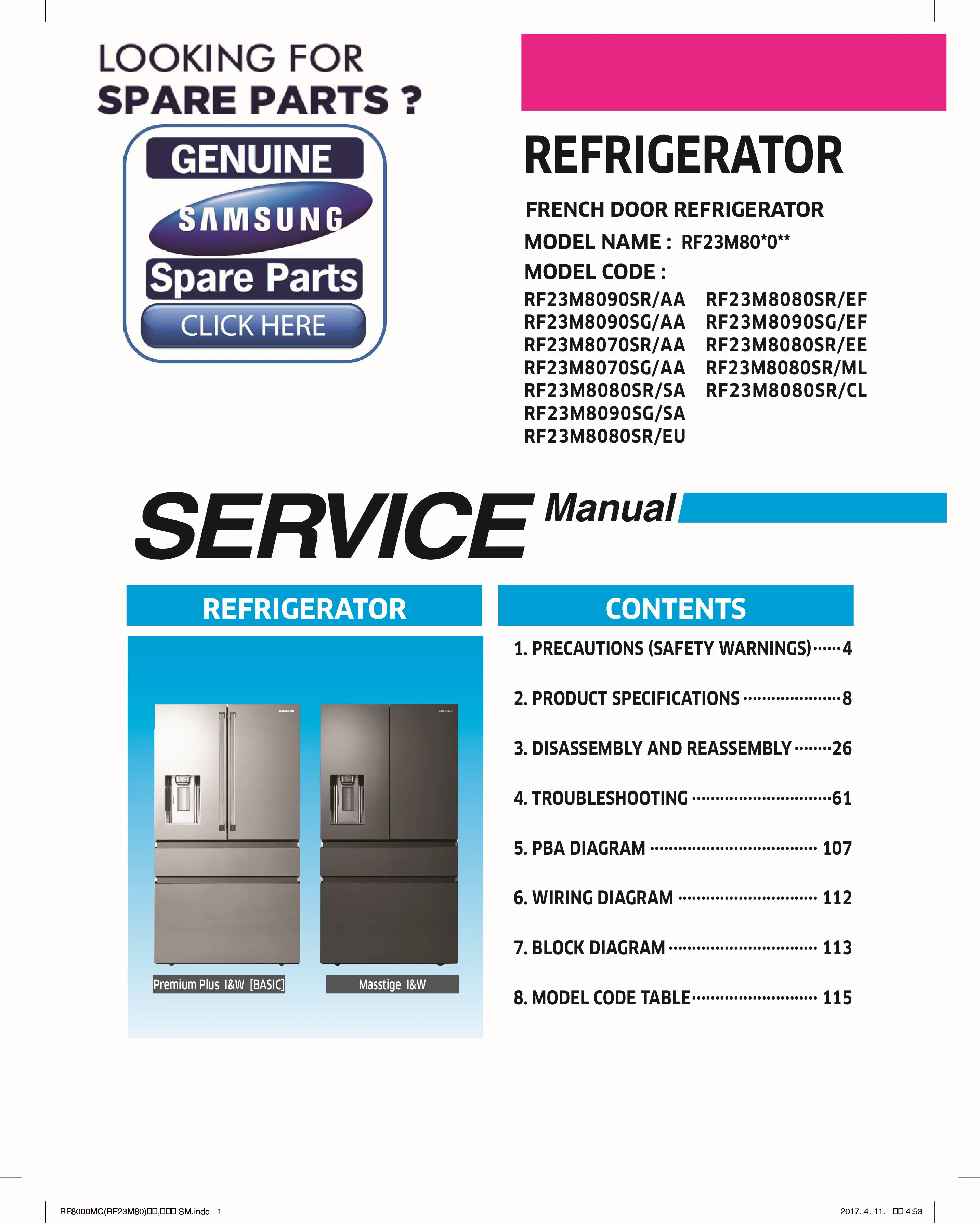 Samsung rf23m8090sr rf23m8090sg rf23m8070sr rf23m8070sg rf23m8080sr service manual cover with model code and showing a line drawing of the refrigerator