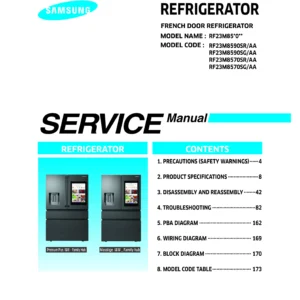 Samsung rf23m8590sr rf23m8590sg rf23m8570sr rf23m8570sg service manual cover with model code and showing a line drawing of the refrigerator