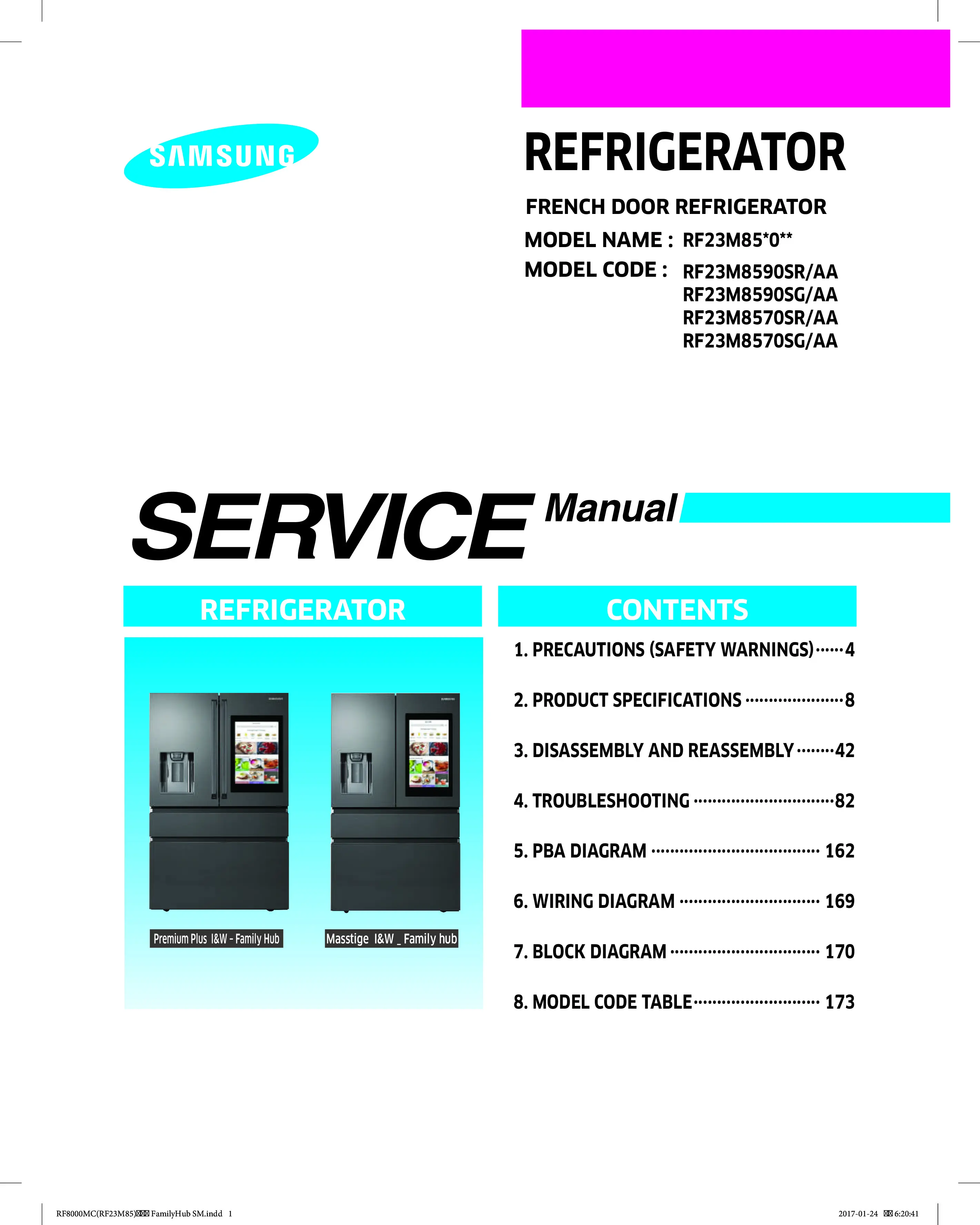 Samsung rf23m8590sr rf23m8590sg rf23m8570sr rf23m8570sg service manual cover with model code and showing a line drawing of the refrigerator