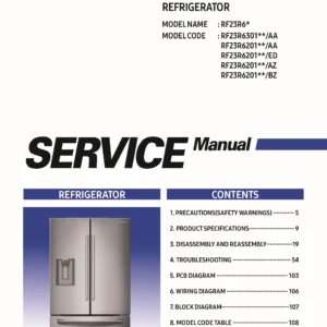 Samsung rf23r6301sr rf23r6201sr service manual cover with model code and showing a line drawing of the refrigerator