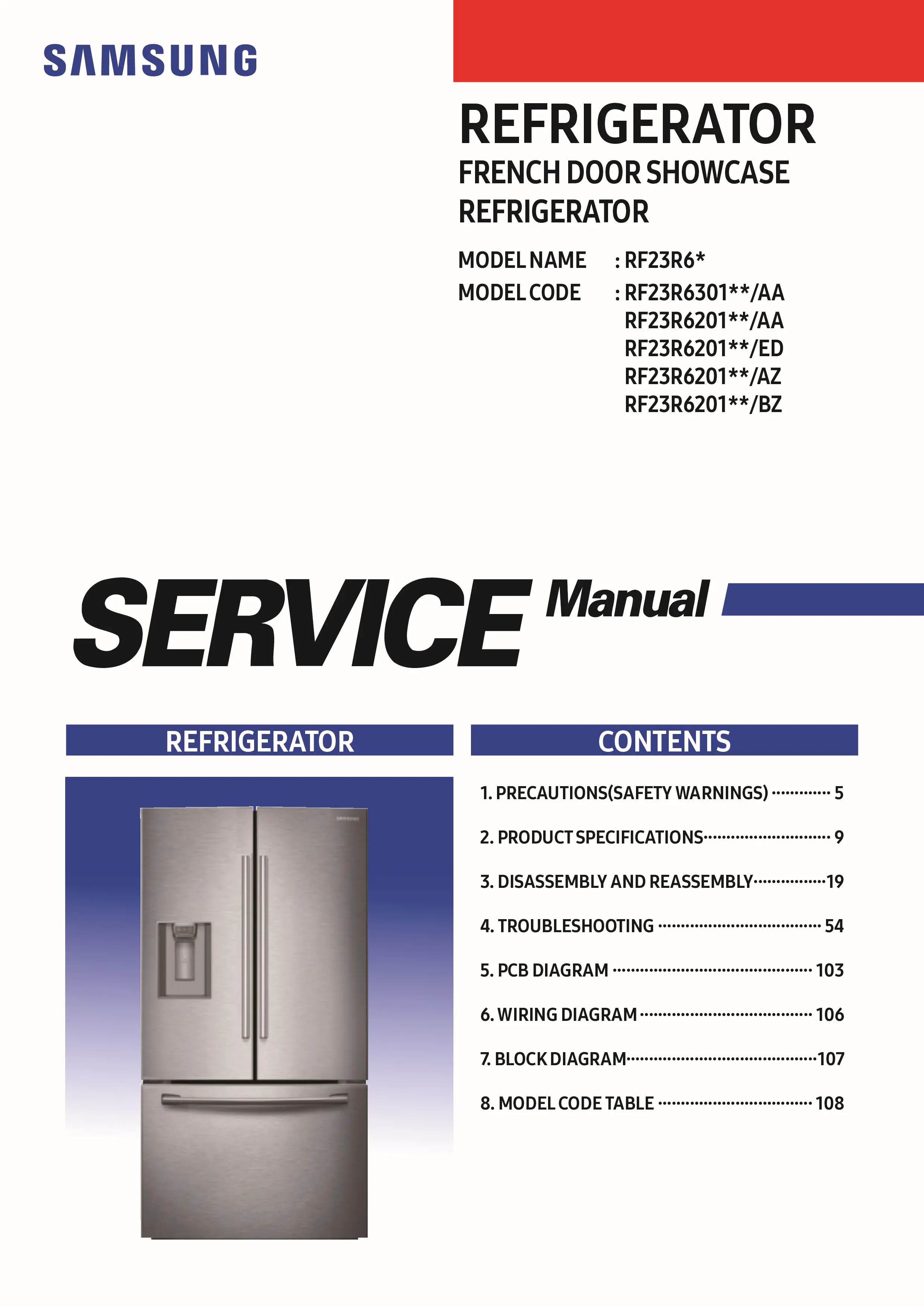 Samsung rf23r6301sr rf23r6201sr service manual cover with model code and showing a line drawing of the refrigerator