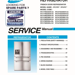 Samsung rf24fsedbsr rf24fsedbbc rf24fsedbsl rf24fsedbx3 service manual cover with model code and showing a line drawing of the refrigerator