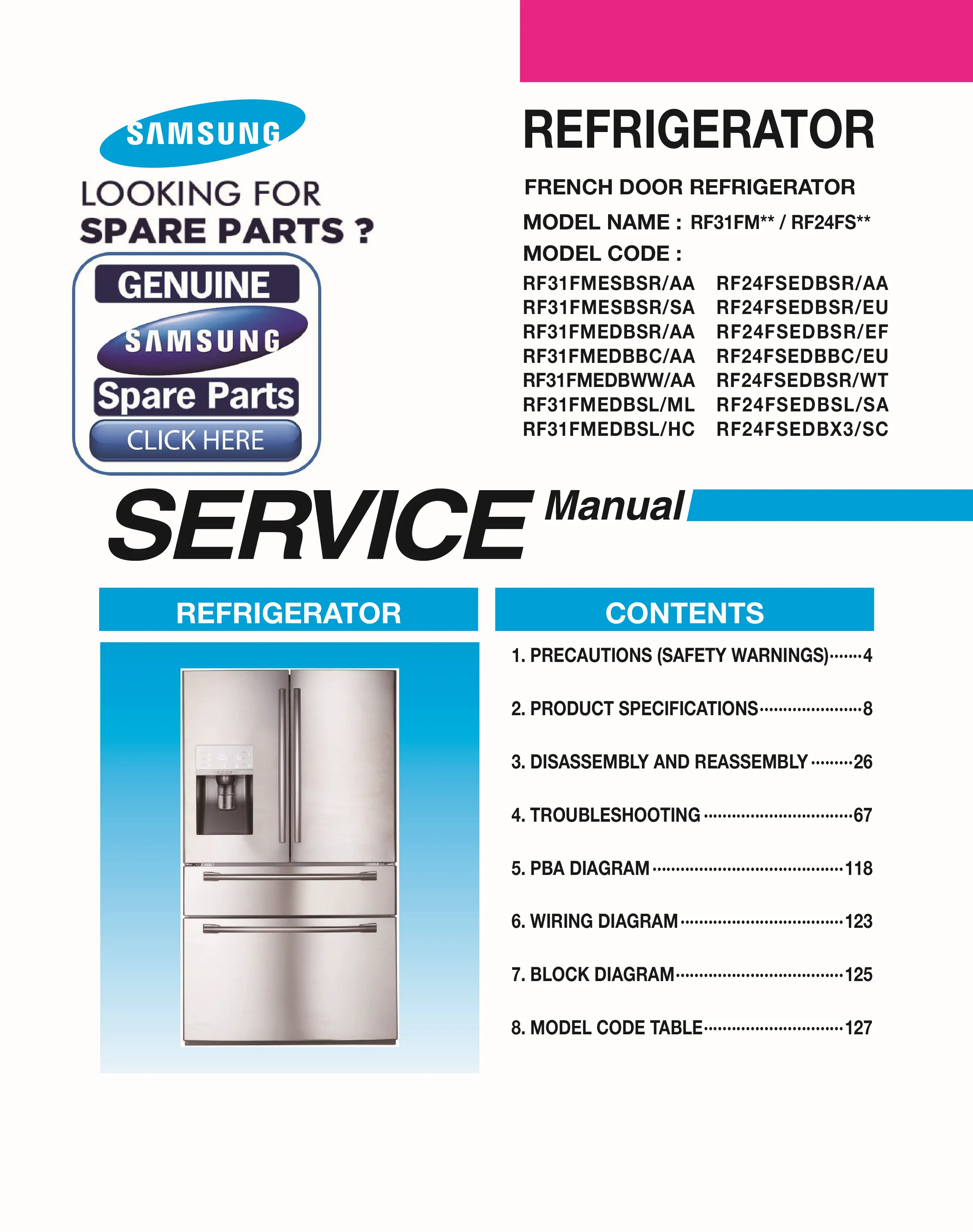 Samsung rf24fsedbsr rf24fsedbbc rf24fsedbsl rf24fsedbx3 service manual cover with model code and showing a line drawing of the refrigerator