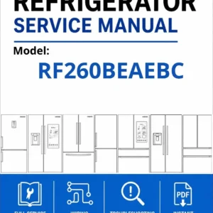 Samsung rf260beaebc service manual cover with model code and showing a line drawing of the refrigerator