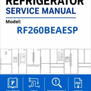 Samsung rf260beaesp service manual cover with model code and showing a line drawing of the refrigerator