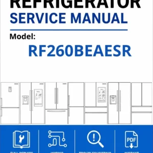 Samsung rf260beaesr service manual cover with model code and showing a line drawing of the refrigerator