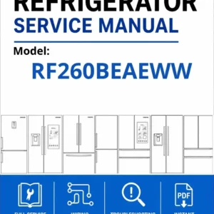 Samsung rf260beaeww service manual cover with model code and showing a line drawing of the refrigerator