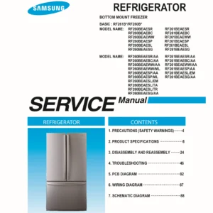 Samsung rf261beaesg rf260beaesg rf261beaesl service manual cover with model code and showing a line drawing of the refrigerator