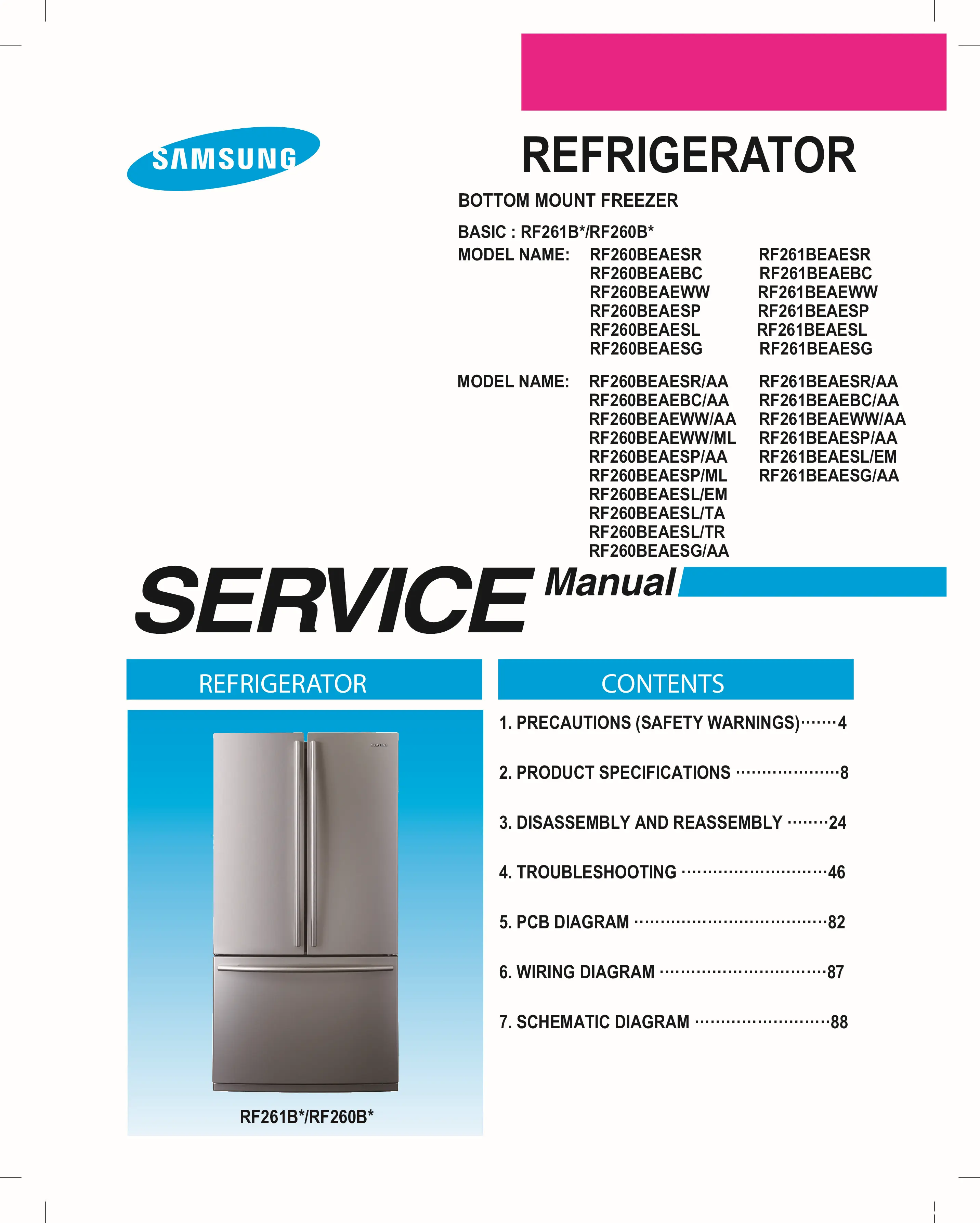 Samsung rf261beaesg rf260beaesg rf261beaesl service manual cover with model code and showing a line drawing of the refrigerator