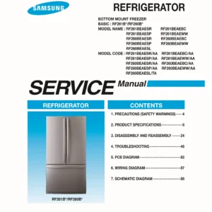 Samsung rf261beaesp service manual cover with model code and showing a line drawing of the refrigerator