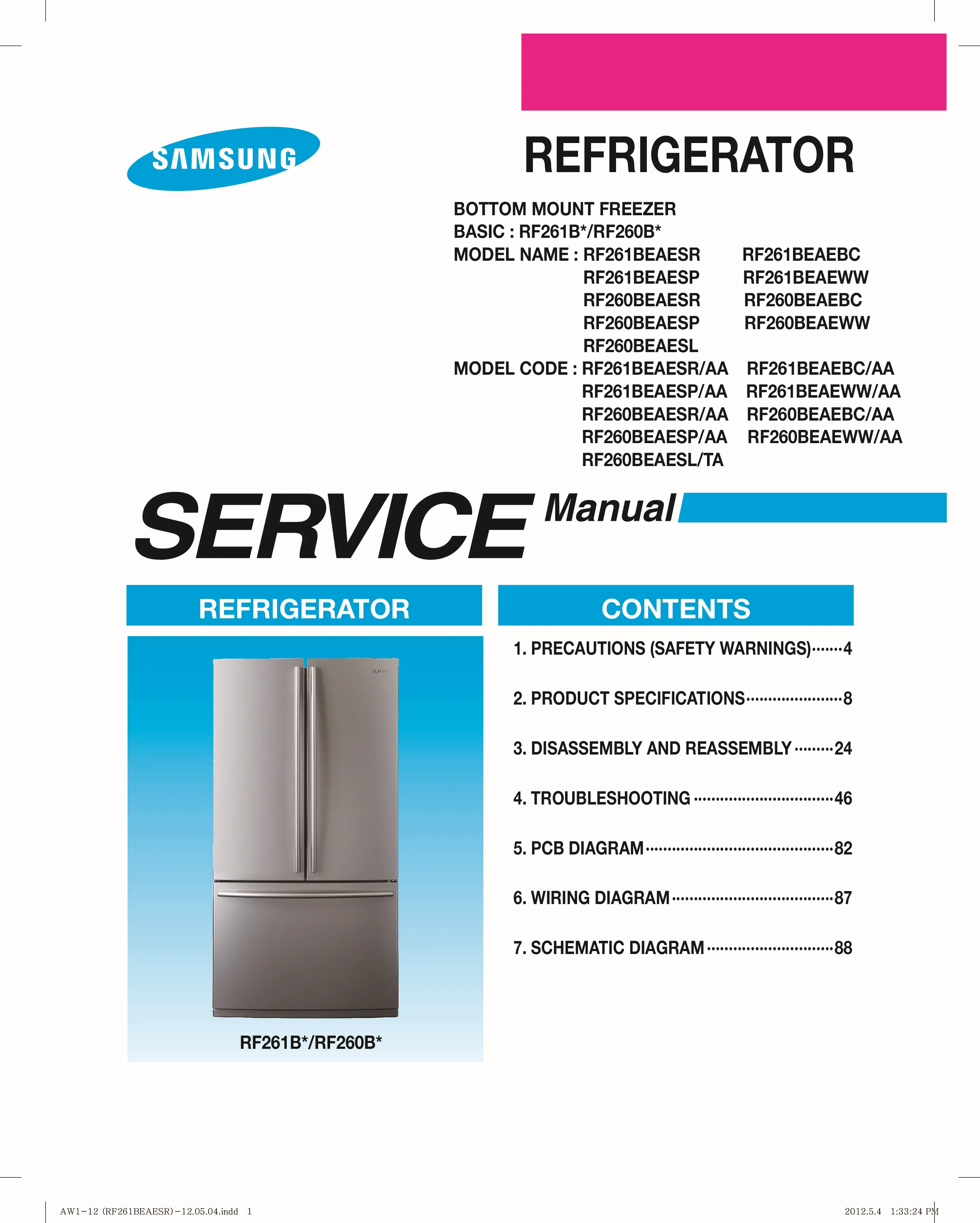 Samsung rf261beaeww service manual cover with model code and showing a line drawing of the refrigerator