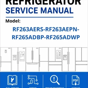 Samsung rf263aers rf263aepn rf265adbp rf265adwp service manual cover with model code and showing a line drawing of the refrigerator