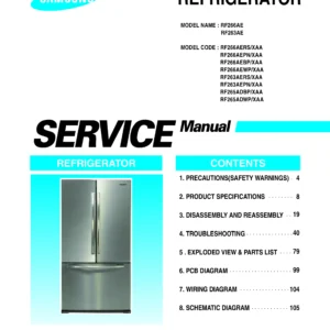 Samsung rf263aers service manual cover with model code and showing a line drawing of the refrigerator