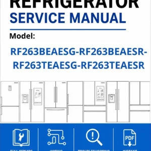 Samsung rf263beaesg rf263beaesr rf263teaesg rf263teaesr service manual cover with model code and showing a line drawing of the refrigerator