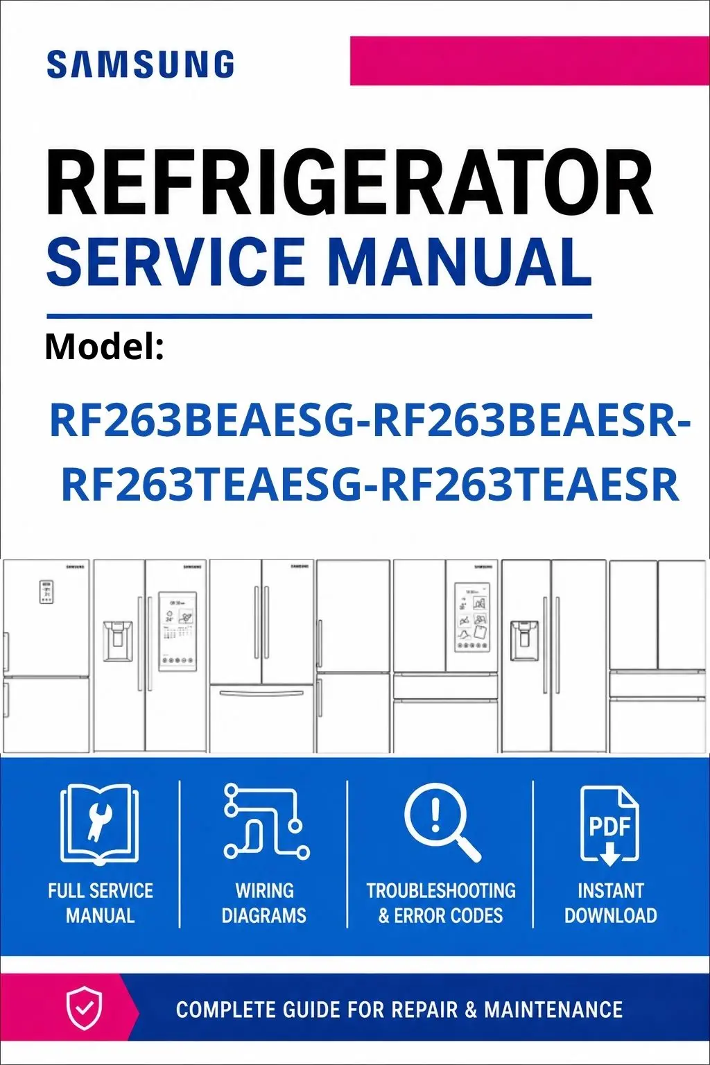 Samsung rf263beaesg rf263beaesr rf263teaesg rf263teaesr service manual cover with model code and showing a line drawing of the refrigerator