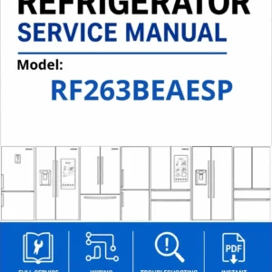 Samsung rf263beaesp service manual cover with model code and showing a line drawing of the refrigerator