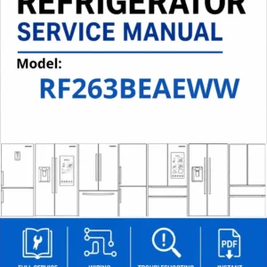 Samsung rf263beaeww service manual cover with model code and showing a line drawing of the refrigerator