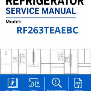 Samsung rf263teaebc service manual cover with model code and showing a line drawing of the refrigerator