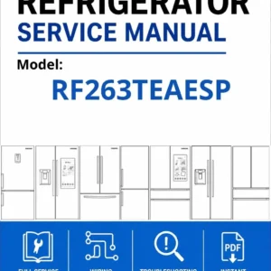 Samsung rf263teaesp service manual cover with model code and showing a line drawing of the refrigerator