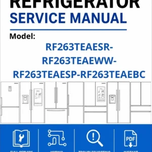 Samsung rf263teaesr rf263teaeww rf263teaesp rf263teaebc service manual cover with model code and showing a line drawing of the refrigerator