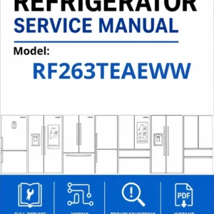 Samsung rf263teaeww service manual cover with model code and showing a line drawing of the refrigerator