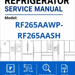 Samsung rf265aawp rf265aash service manual cover with model code and showing a line drawing of the refrigerator