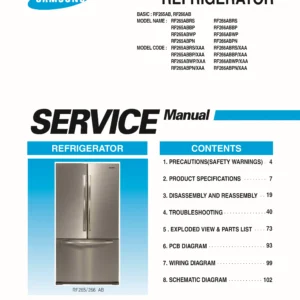 Samsung rf265ab service manual cover with model code and showing a line drawing of the refrigerator