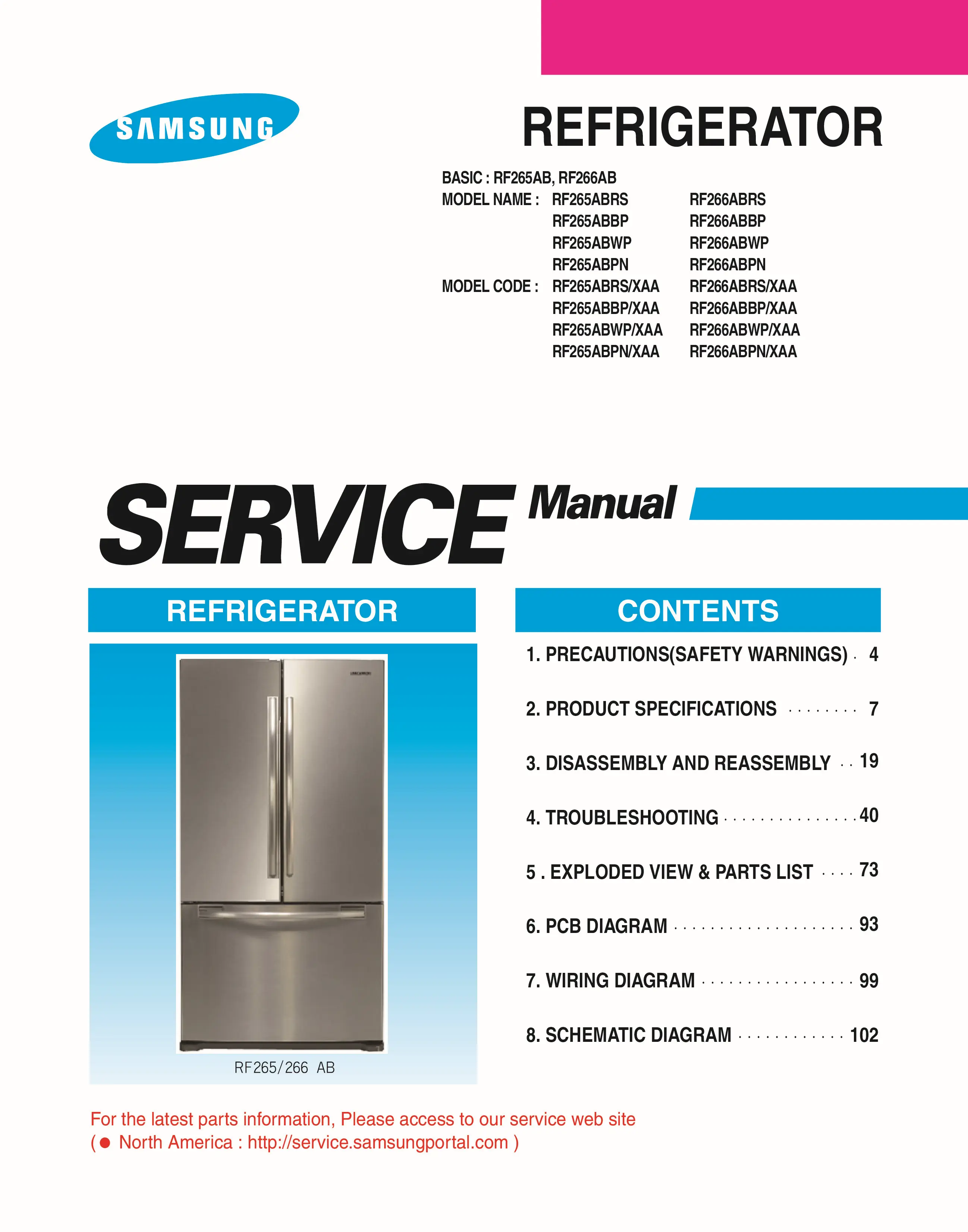 Samsung rf265ab service manual cover with model code and showing a line drawing of the refrigerator