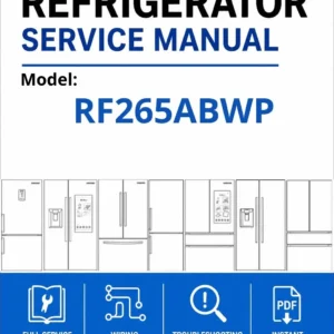 Samsung rf265abwp service manual cover with model code and showing a line drawing of the refrigerator