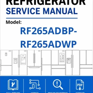 Samsung rf265adbp rf265adwp service manual cover with model code and showing a line drawing of the refrigerator