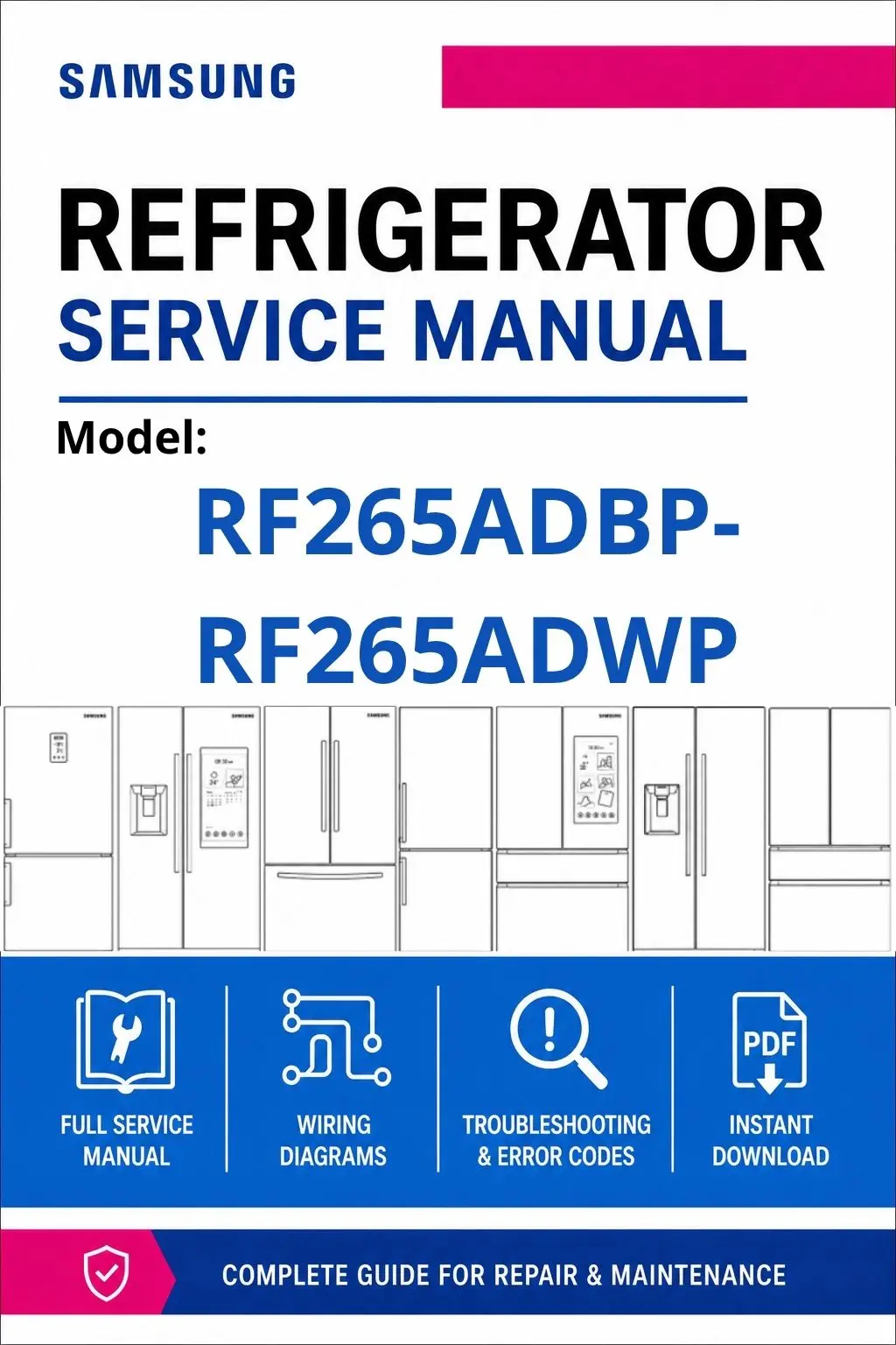 Samsung rf265adbp rf265adwp service manual cover with model code and showing a line drawing of the refrigerator