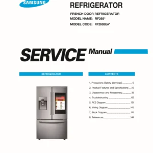 Samsung rf265beaesg rf265beaesr service manual cover with model code and showing a line drawing of the refrigerator