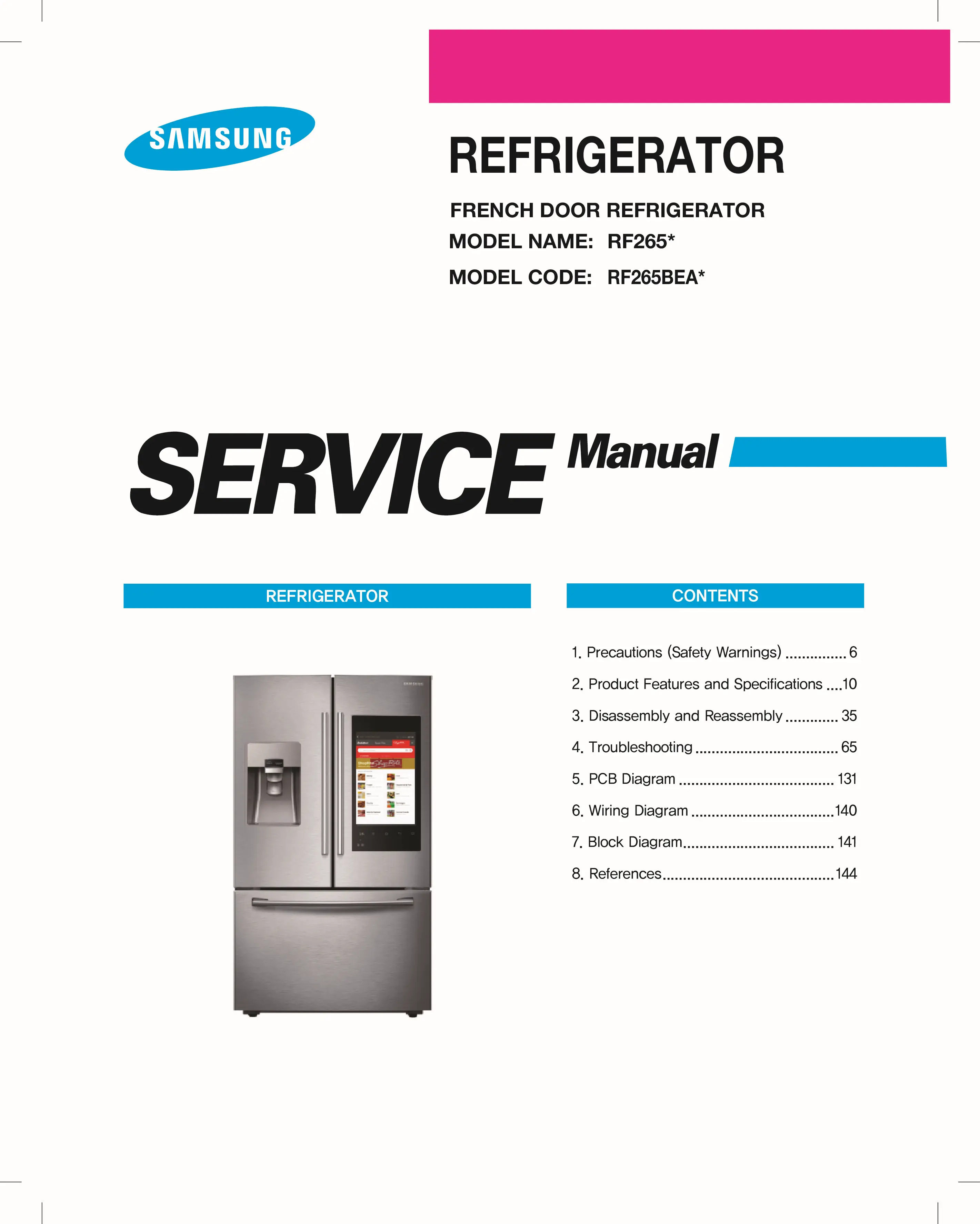 Samsung rf265beaesg rf265beaesr service manual cover with model code and showing a line drawing of the refrigerator