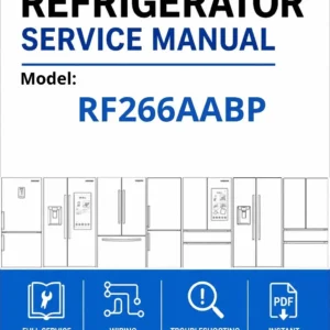 Samsung rf266aabp service manual cover with model code and showing a line drawing of the refrigerator