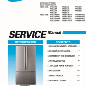 Samsung rf266aars rf266aabp rf266aawp rf266aash service manual cover with model code and showing a line drawing of the refrigerator