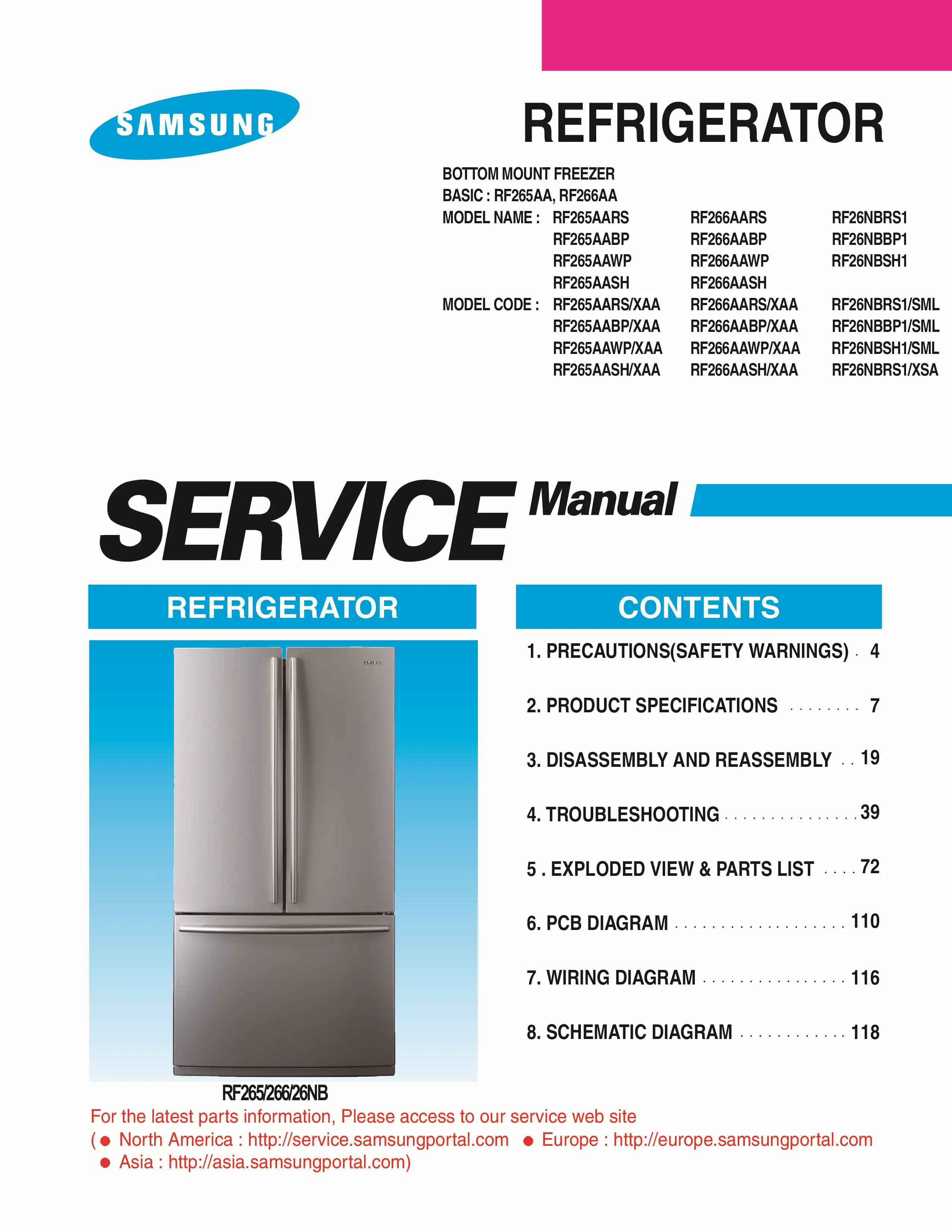 Samsung rf266aars rf266aabp rf266aawp rf266aash service manual cover with model code and showing a line drawing of the refrigerator