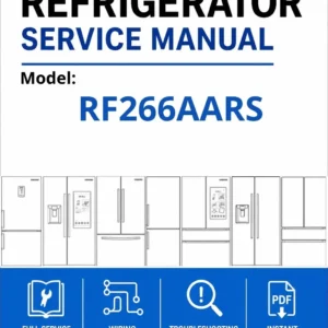 Samsung rf266aars service manual cover with model code and showing a line drawing of the refrigerator