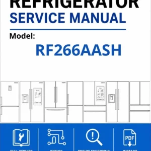 Samsung rf266aash service manual cover with model code and showing a line drawing of the refrigerator