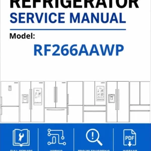 Samsung rf266aawp service manual cover with model code and showing a line drawing of the refrigerator