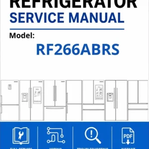Samsung rf266abrs service manual cover with model code and showing a line drawing of the refrigerator