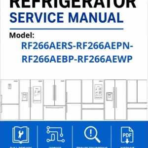 Samsung rf266aers rf266aepn rf266aebp rf266aewp service manual cover with model code and showing a line drawing of the refrigerator
