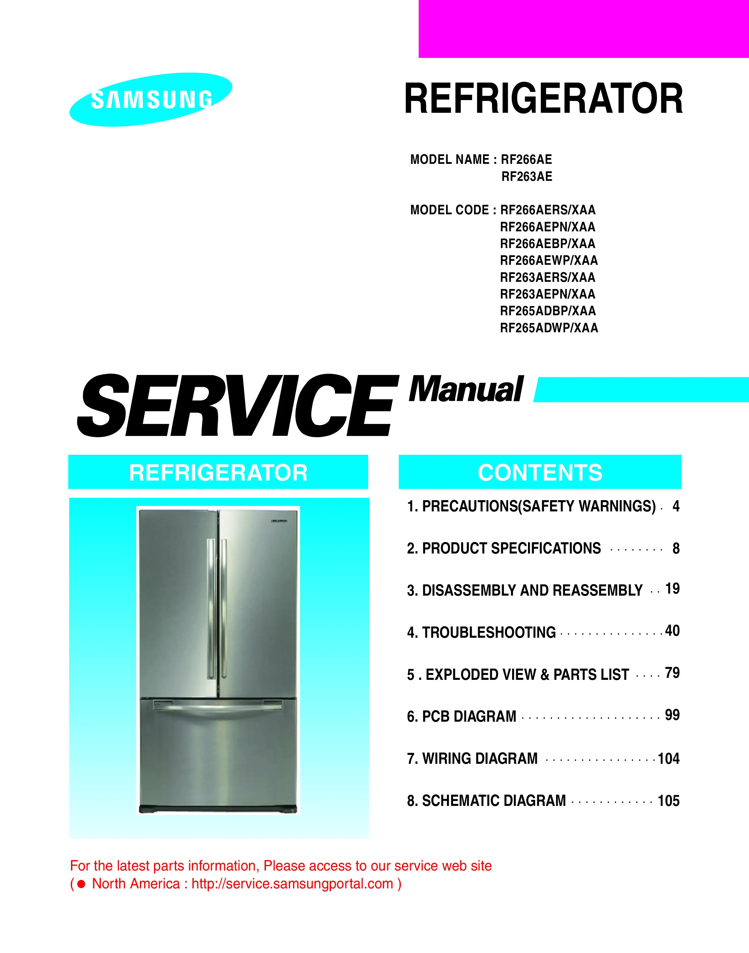 Samsung rf266aers service manual cover with model code and showing a line drawing of the refrigerator