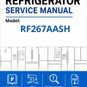Samsung rf267aash service manual cover with model code and showing a line drawing of the refrigerator