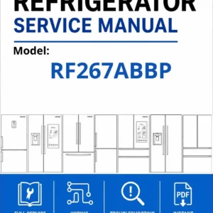Samsung rf267abbp service manual cover with model code and showing a line drawing of the refrigerator