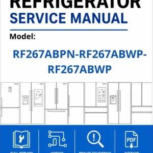 Samsung rf267abpn rf267abwp rf267abwp service manual cover with model code and showing a line drawing of the refrigerator